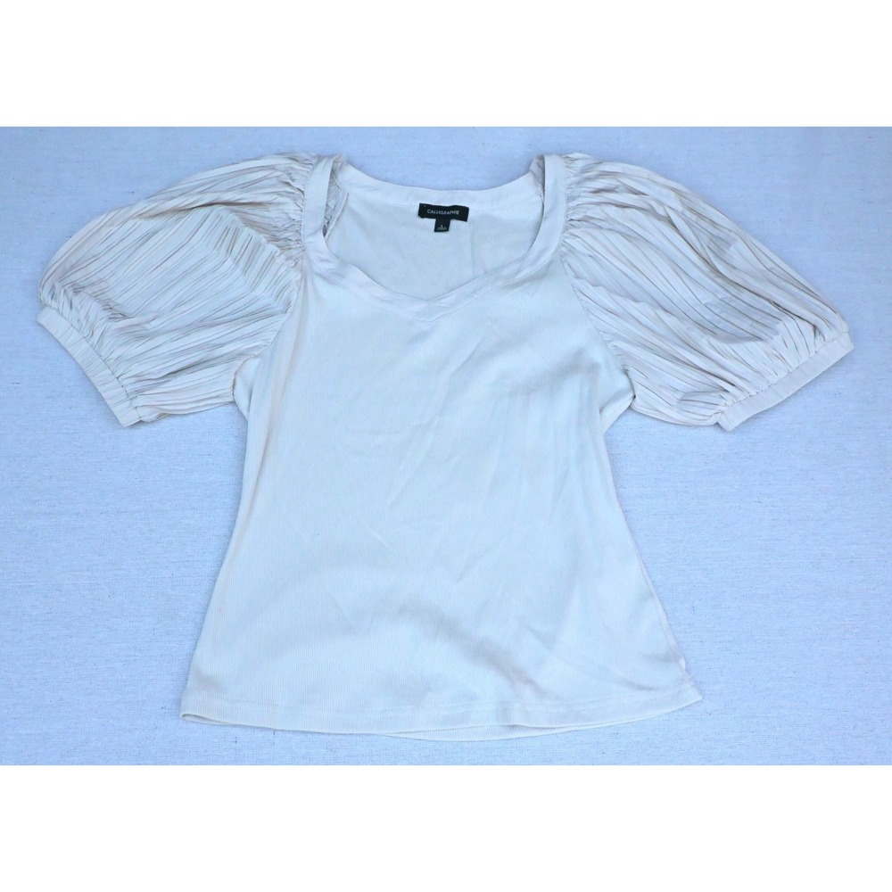 Calligraphie Womens L Cream Puff Sleeve Blouse Sweetheart Neck Ribbed Knit